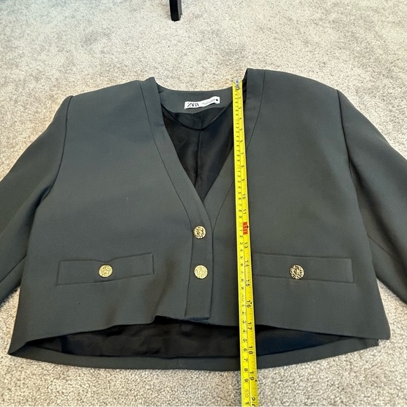 Zara khaki green gray cropped bolero blazer jacket Sz L shoulder pads - Picture 13 of 14